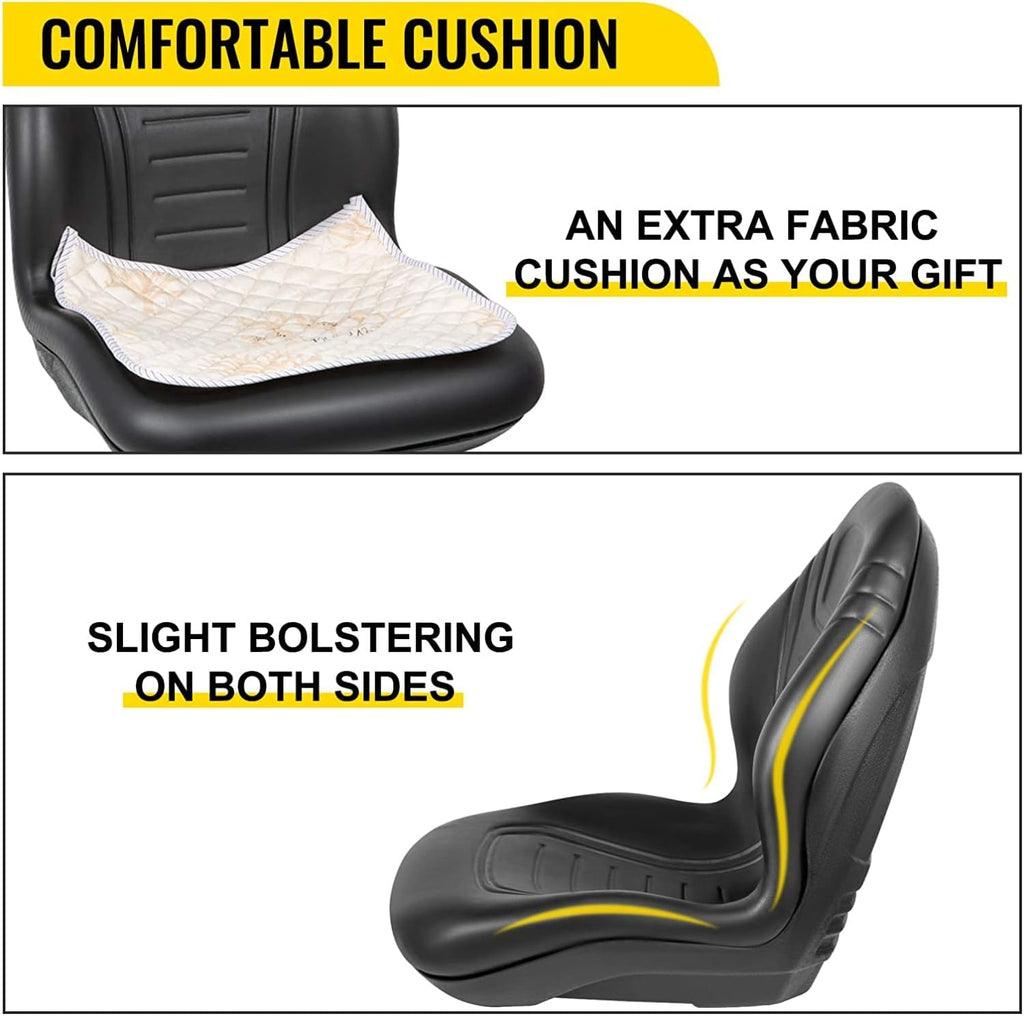 Universal Lawn Tractor Seat Replacement, Compact High Back Mower Seat, Black Vinyl Forklift Seat, Central Drain Hole