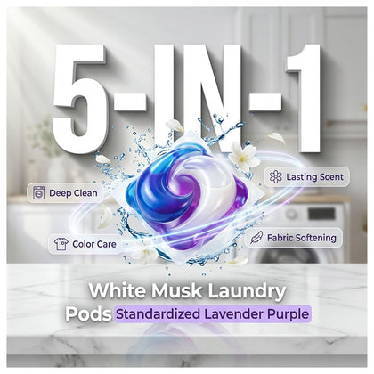 5-in-1 White Musk Laundry Detergent Pods, 5 In 1 Laundry Pods with Clothes Fabric Softener, Deep Clean Fresh Scent