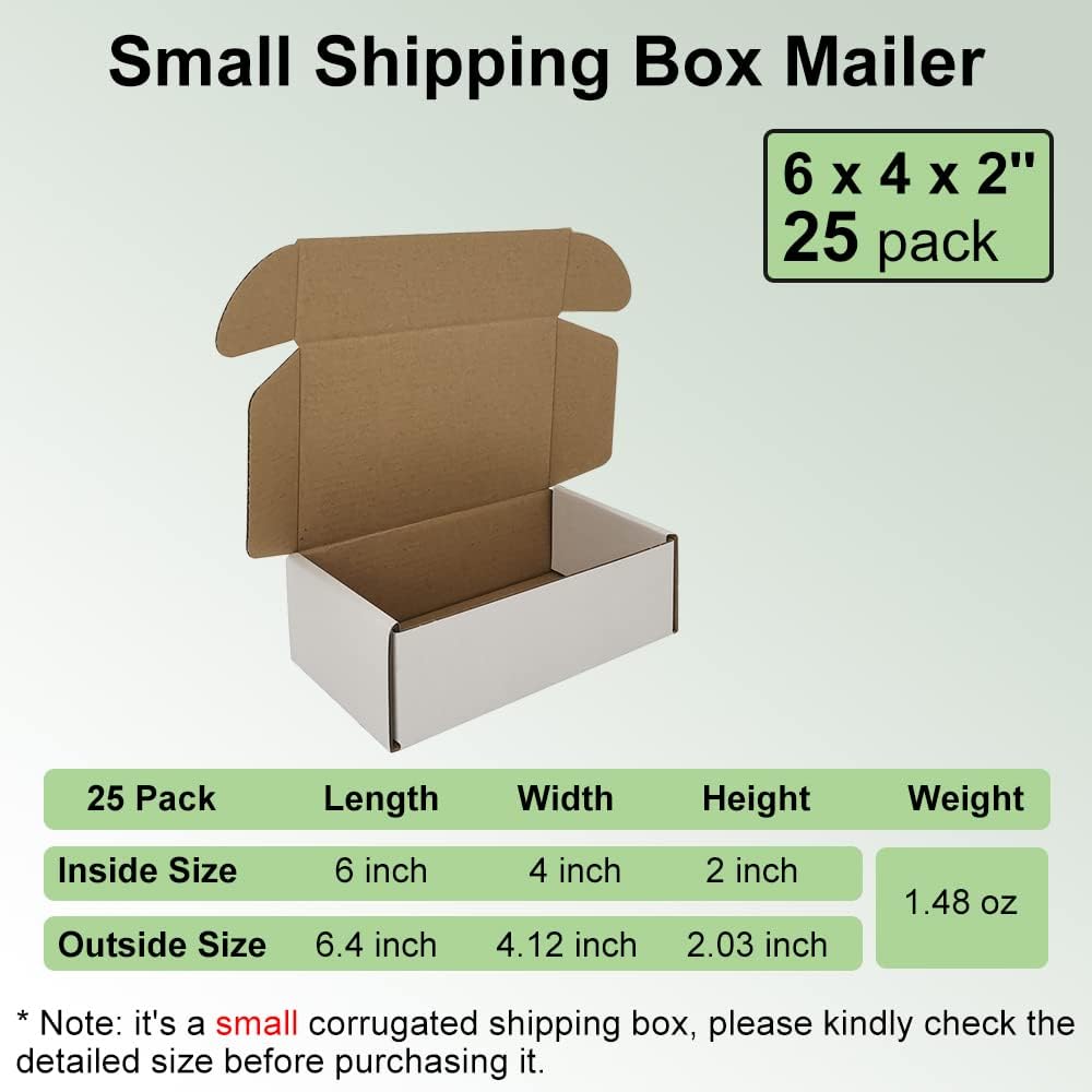 6x4x2'' Small Shipping Boxes 25 Pack, White Corrugated Cardboard Literature Mailers, Mailing Packaging Supplies for