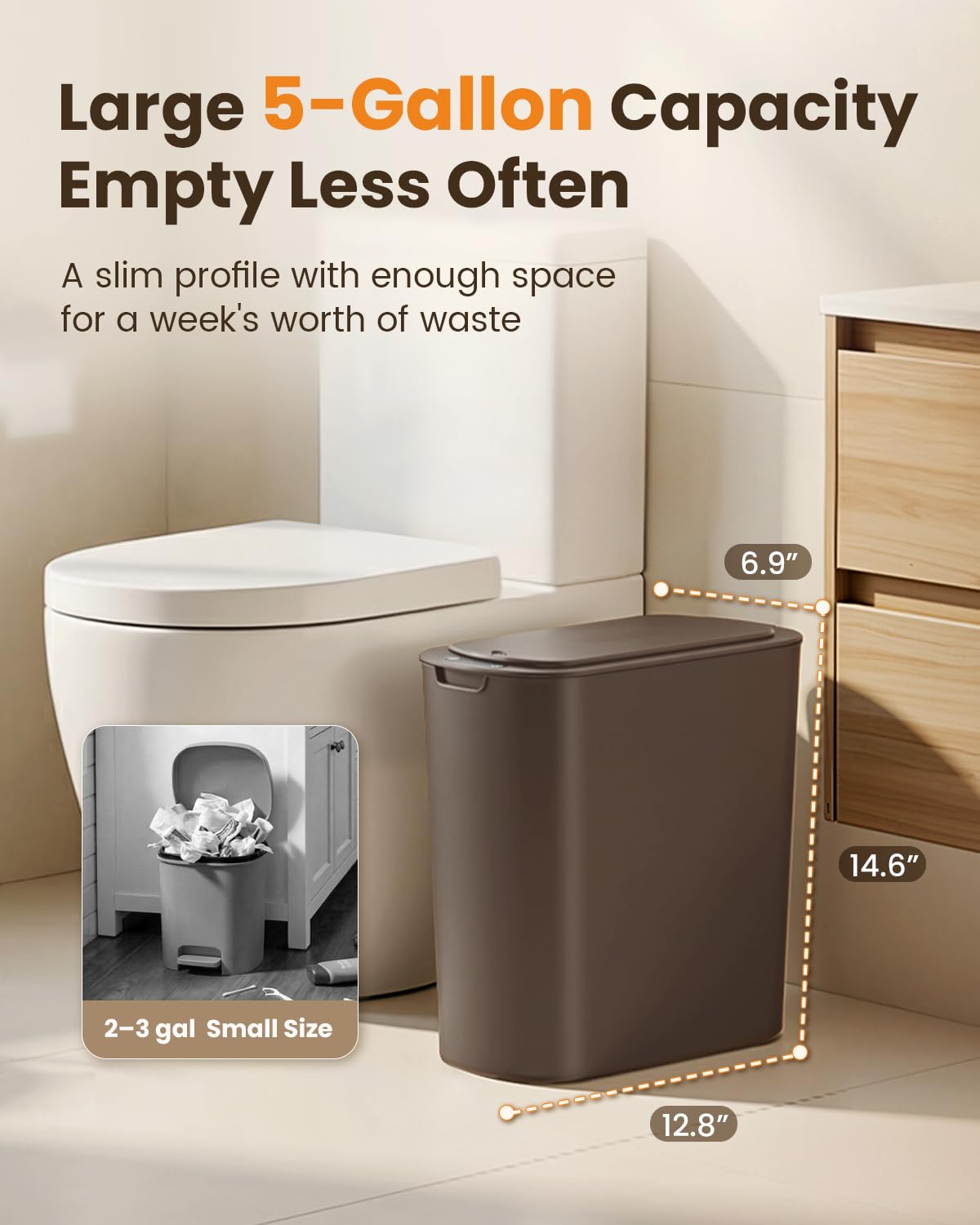 5 Gallon Automatic Bathroom Trash Can with Lid, Brown, Touchless