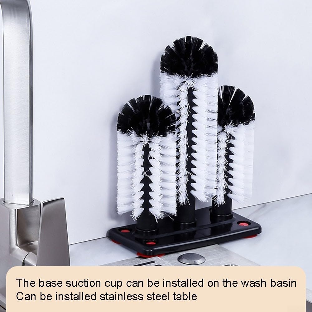 Water Bottle Cleaning for Brush Glass Cup Washer with Suction Base 3 Head, Cleaning Brushes for Glass Cups, Bar for