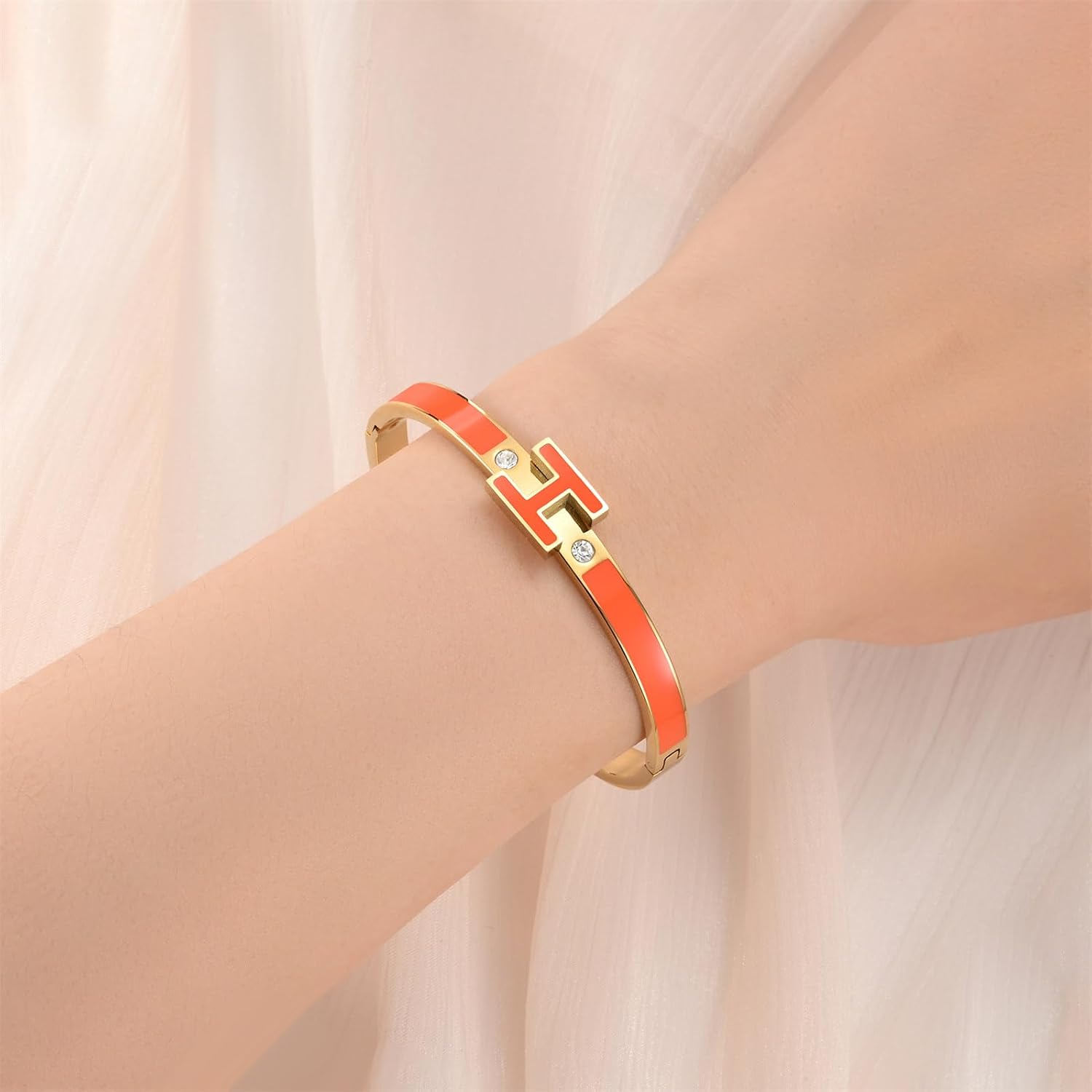 H Bangle Bracelet for Women - 18K Gold Plated Stainless Steel Enamel Bracelet - Fashion H Letter Jewelry - Elegant