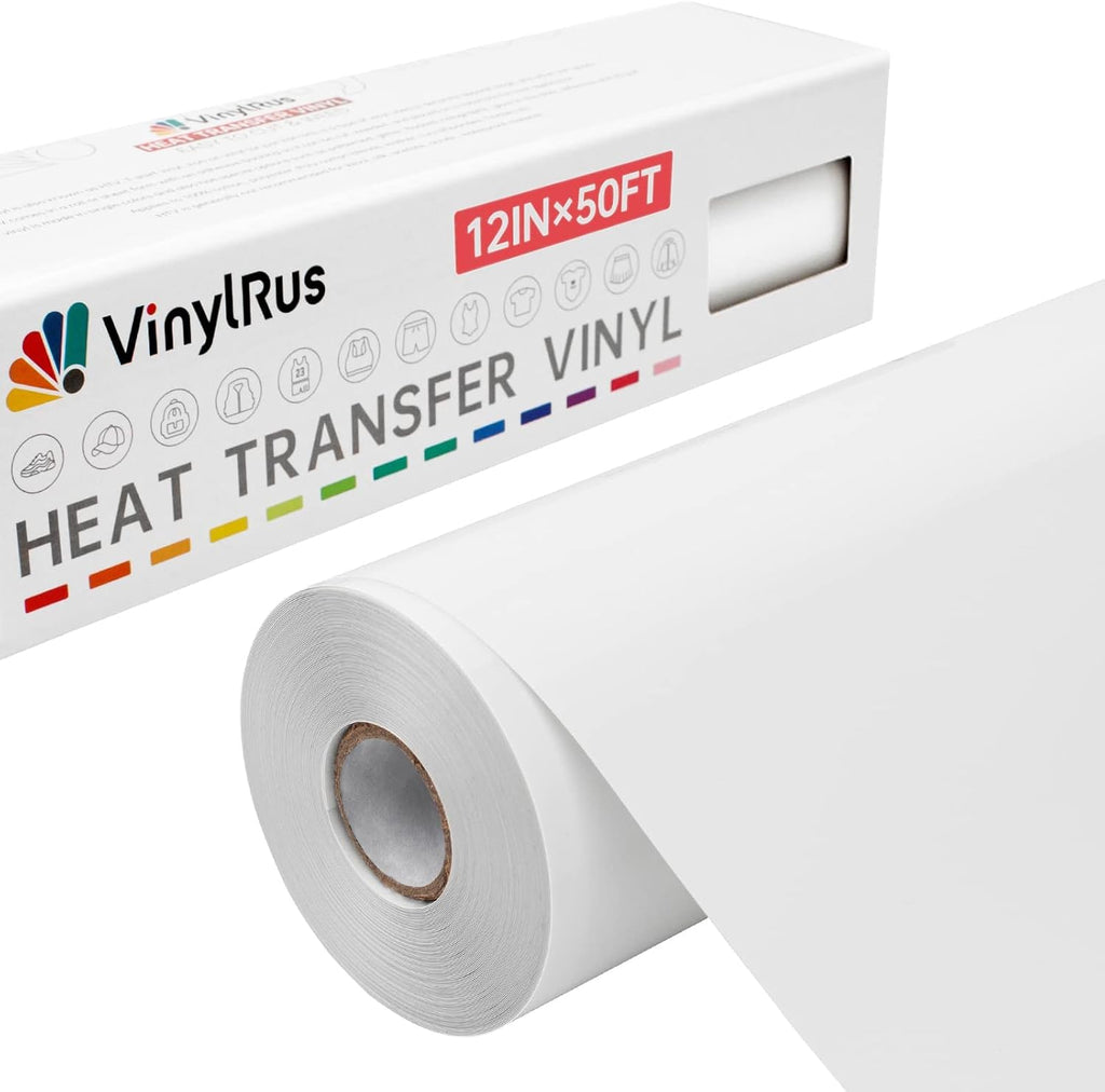 Heat Transfer Vinyl-12” x 50ft White Iron on Vinyl Roll for Shirts, HTV Vinyl for Silhouette Cameo, Easy to Cut & Weed
