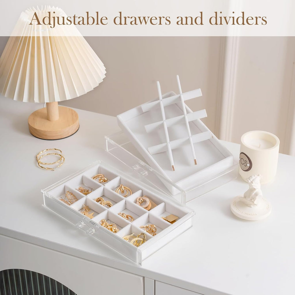 Earring Holder Organizer Box Jewelry Storage with 4 Drawers, Clear Acrylic Stackable Earring Case with Adjustable