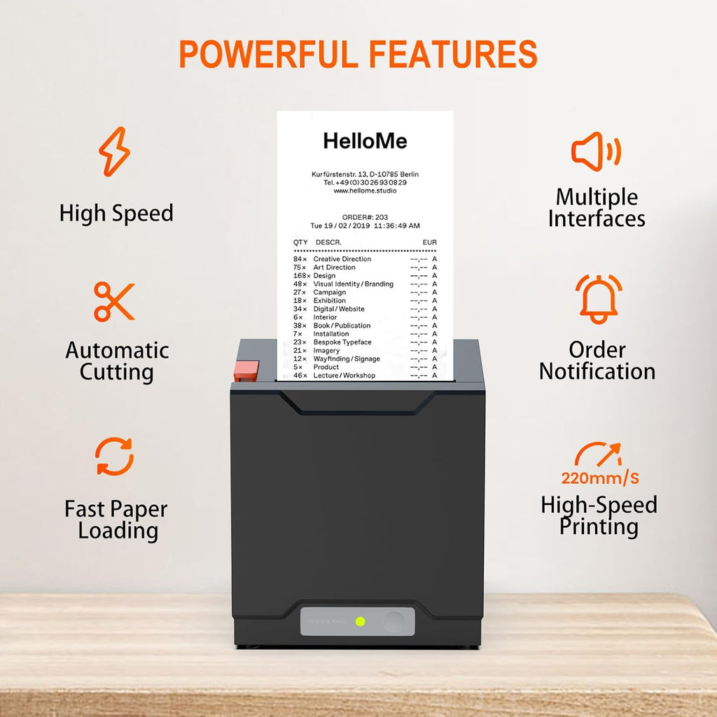 Thermal Receipt Printer, Restaurant Kitchen Printer, 80mm POS Printer with Auto Cutter, USB/Ethernet Interface, for