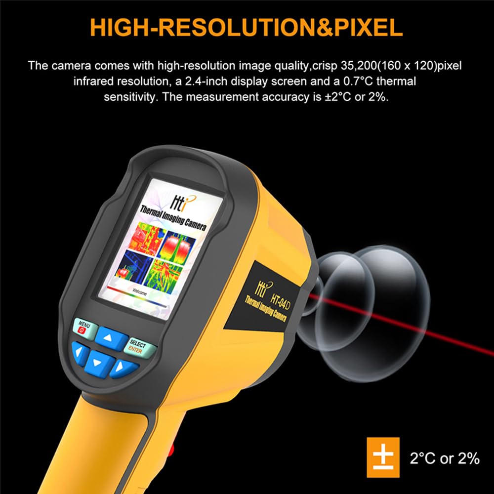 HT-04D Thermal Imaging Camera, 160 x 120 IR Resolution/19200 Pixels, 25Hz Refresh Rate, Portable Handheld Infrared Thermal Imager with Laser Pointer, -4°F~1022°F Temperature Range 2.8in Screen