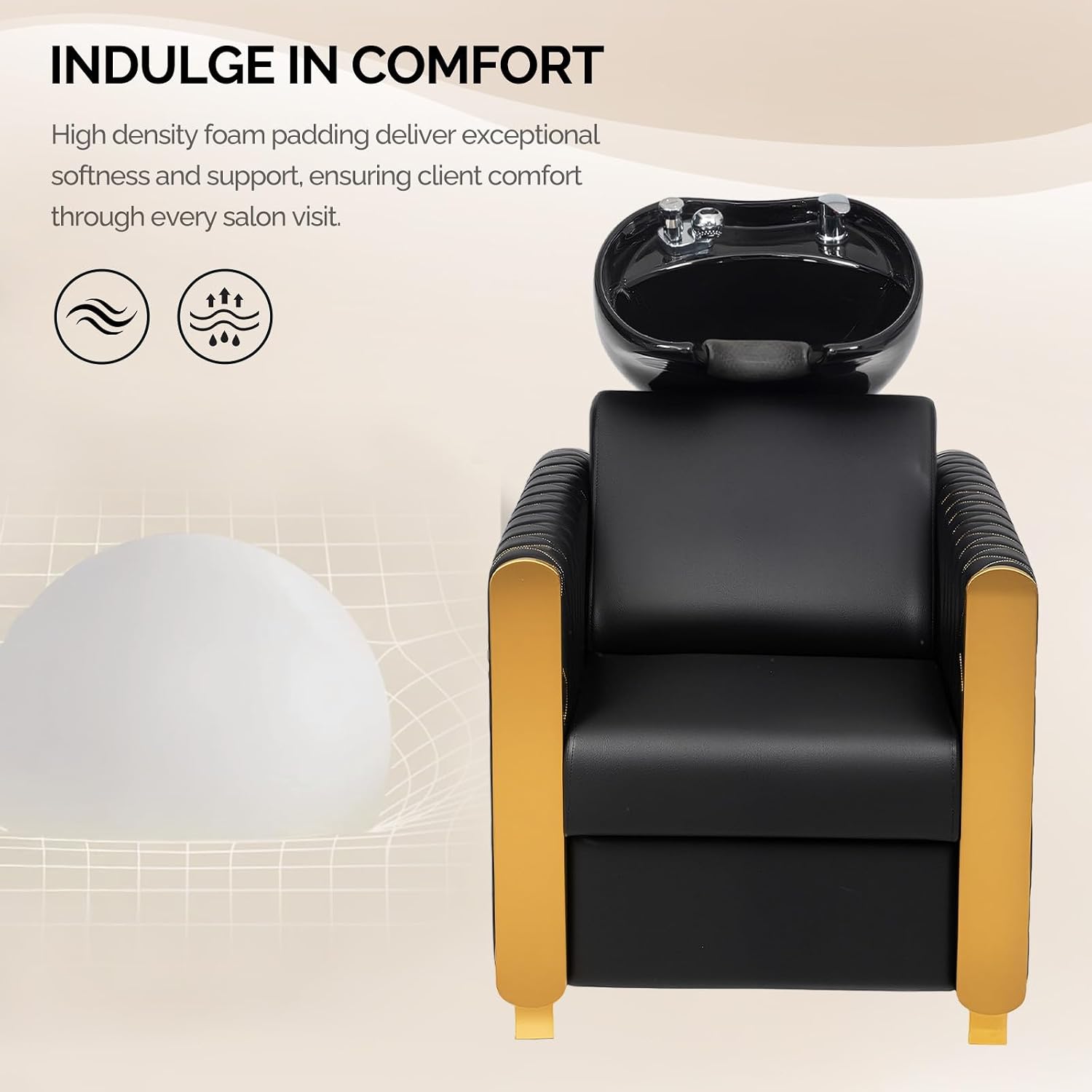 Shampoo Bowl and Chair Set for Salon, Tilting Ceramic Basin, PVC Leather, Gold Legs, Complete Plumbing Kit