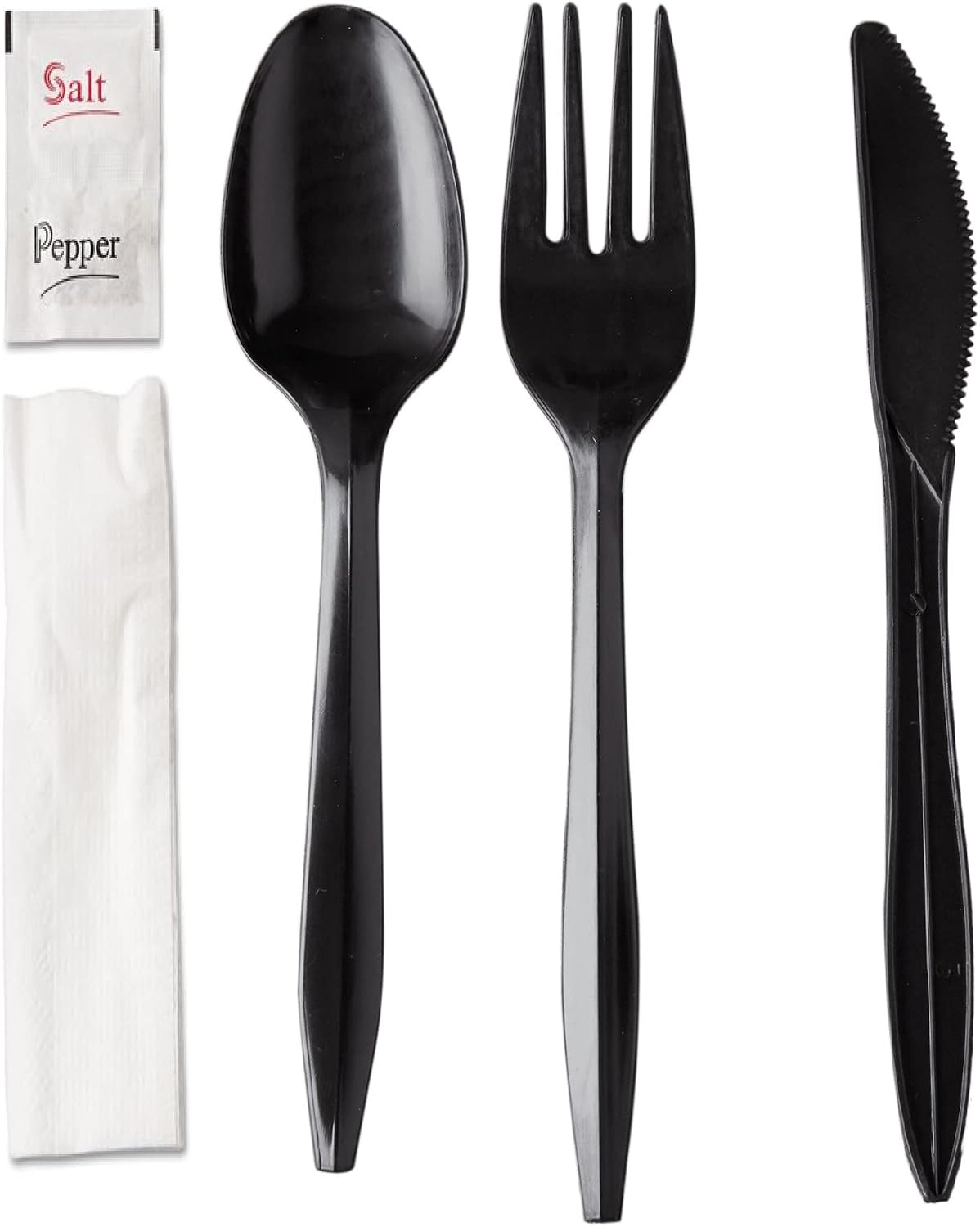 250 Plastic Cutlery Packets - Knife Fork Spoon Napkin Salt Pepper Sets | Black Plastic Silverware Sets Individually