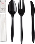 250 Plastic Cutlery Packets - Knife Fork Spoon Napkin Salt Pepper Sets | Black Plastic Silverware Sets Individually