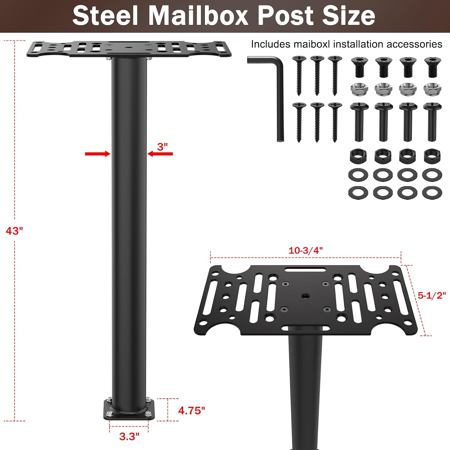 43" Mailbox Post with Mounting Bracket, Heavy Duty In-Ground Post for Outdoor Mailboxes, Compatible with Mail Boss