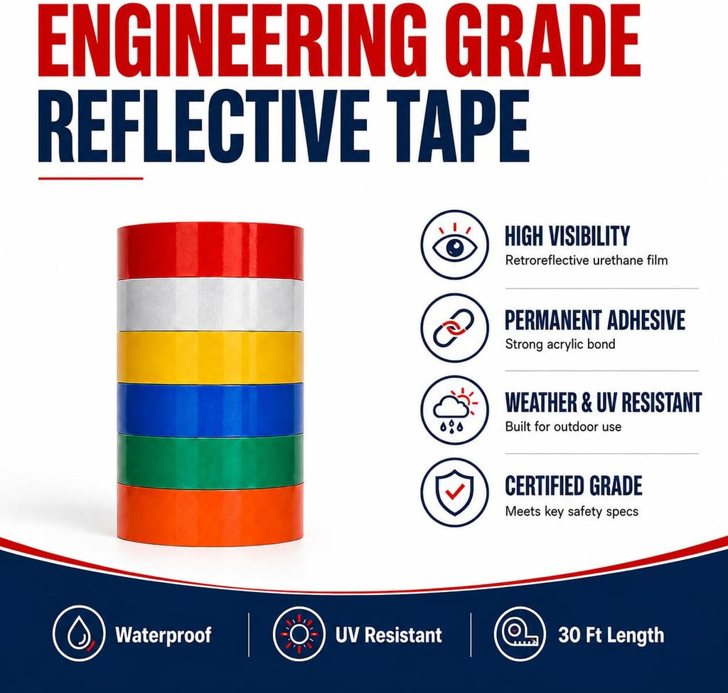 Engineering Grade Retro Reflective Tape, Silver/White, 1/2 Inch x 30 Ft., Waterproof Safety Tape with Permanent