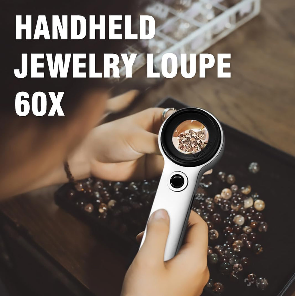 Handheld 60X Magnifier Loupe with UV & LED Lights 30mm Optical Coating Lens USB Rechargeable Jewelry Loupe Magnifying