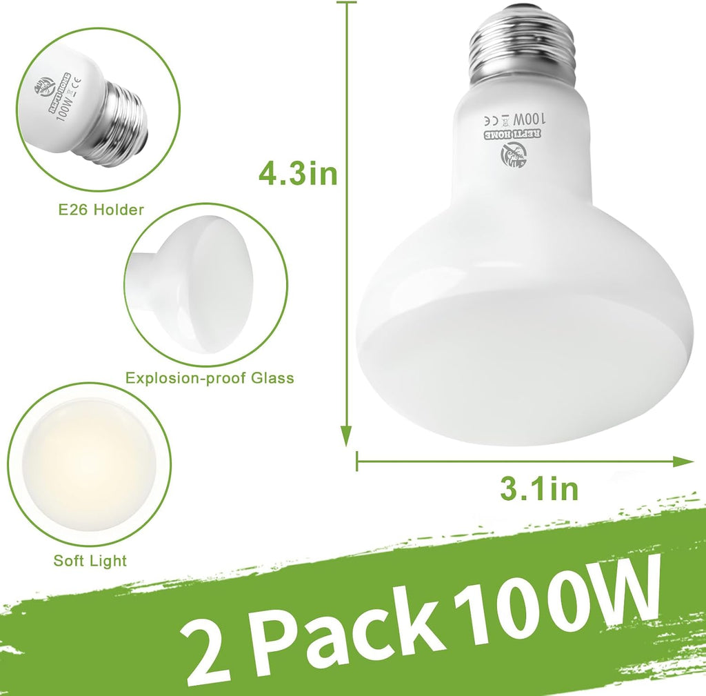 Reptile Heat Lamp Bulbs, Simulate Natural Sunlight Heat Light Bulb, 2 Pack 100W Amphibian Terrarium Basking Spot Lamp