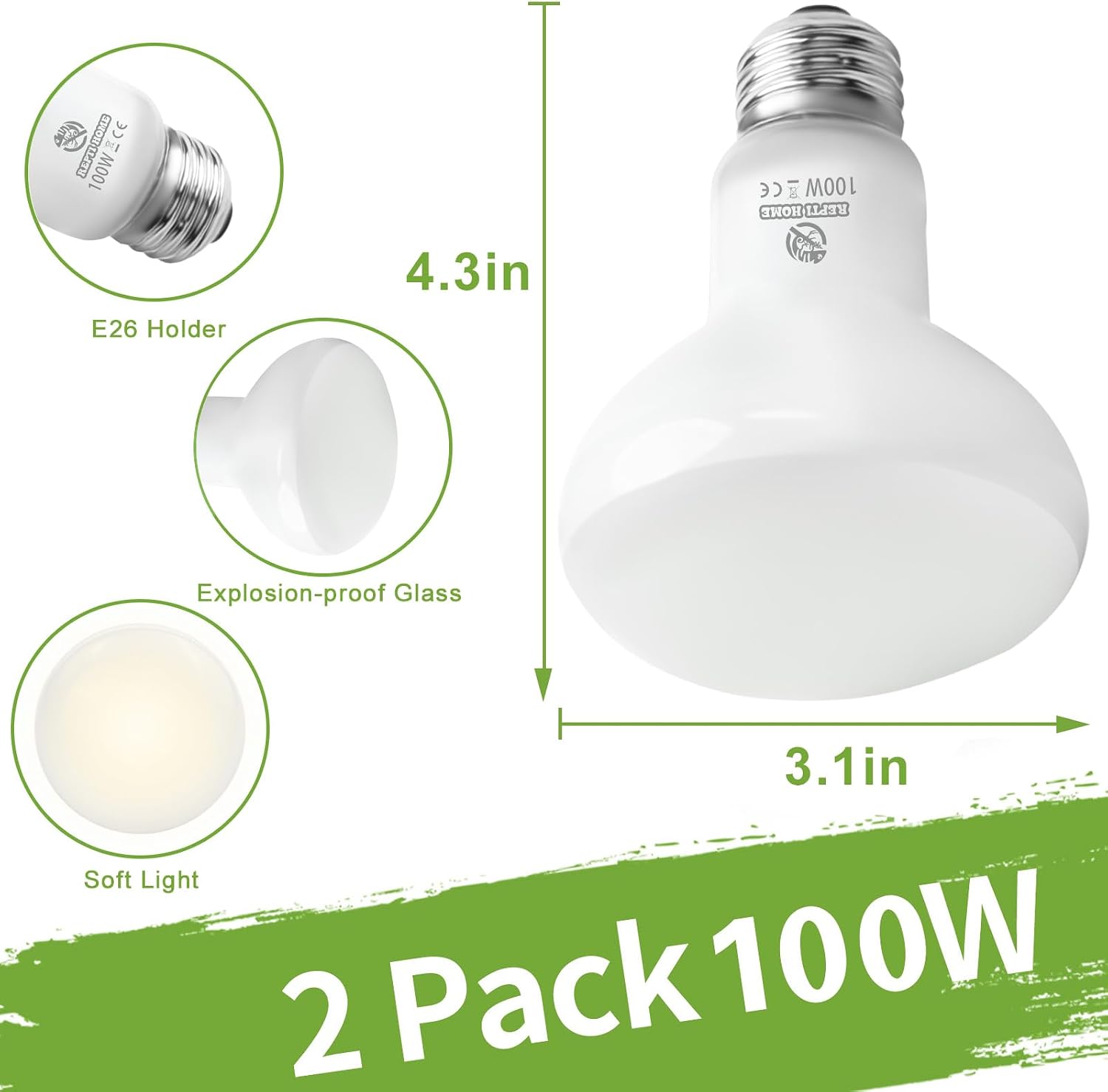 Reptile Heat Lamp Bulbs, Simulate Natural Sunlight Heat Light Bulb, 2 Pack 100W Amphibian Terrarium Basking Spot Lamp