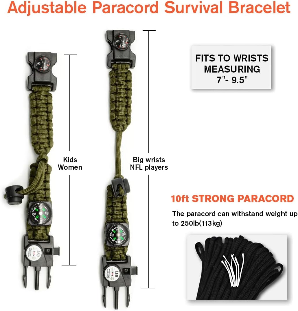 20 in 1 Survival Paracord Bracelet Adjustable Gear Kit with SOS LED Light, Fire Starter, Bigger Compass, Survival