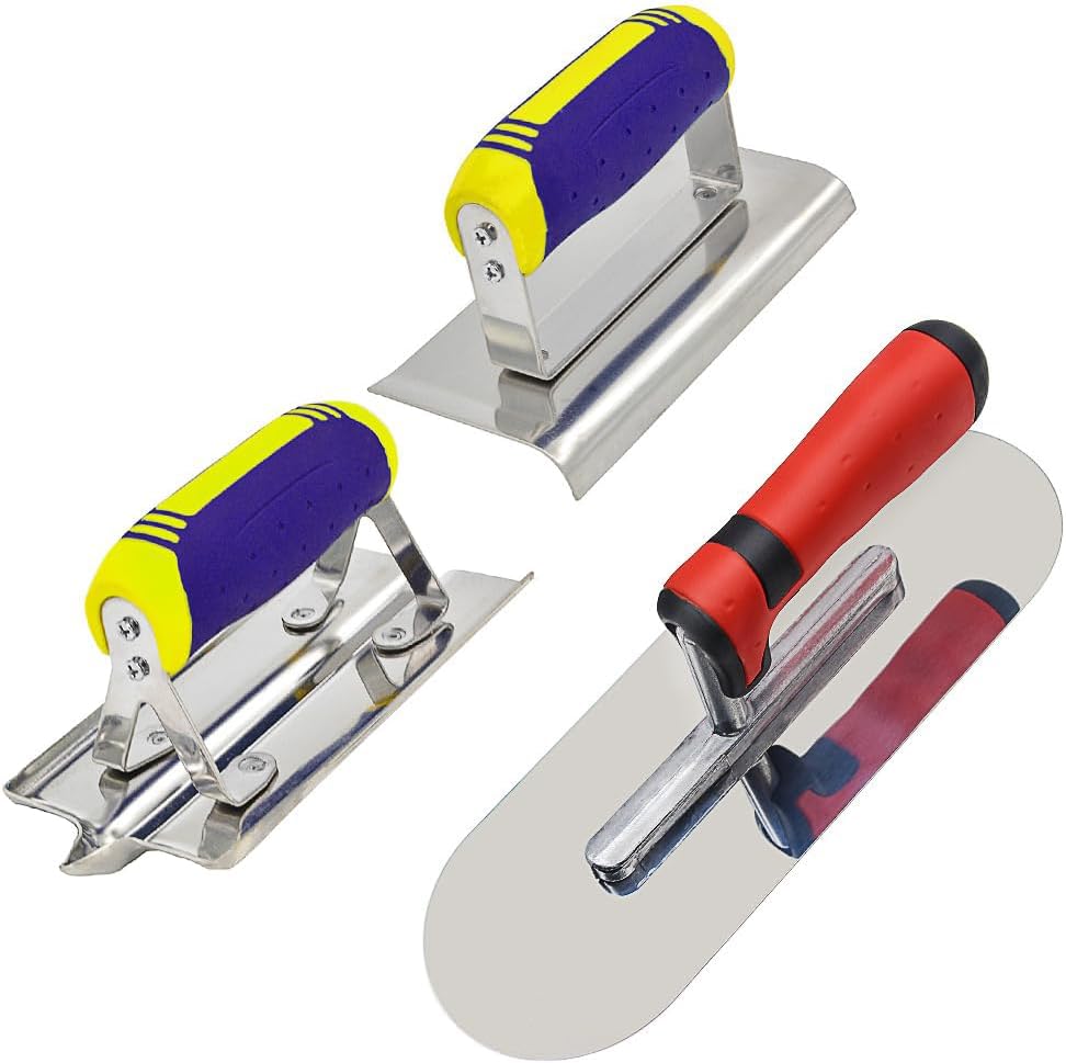 Concrete Tools Set Stainless Steel Pool Trowel (11" x 4") plus Concrete Edger (6" x 3", 1/2"R) and Groover (6" x 3"