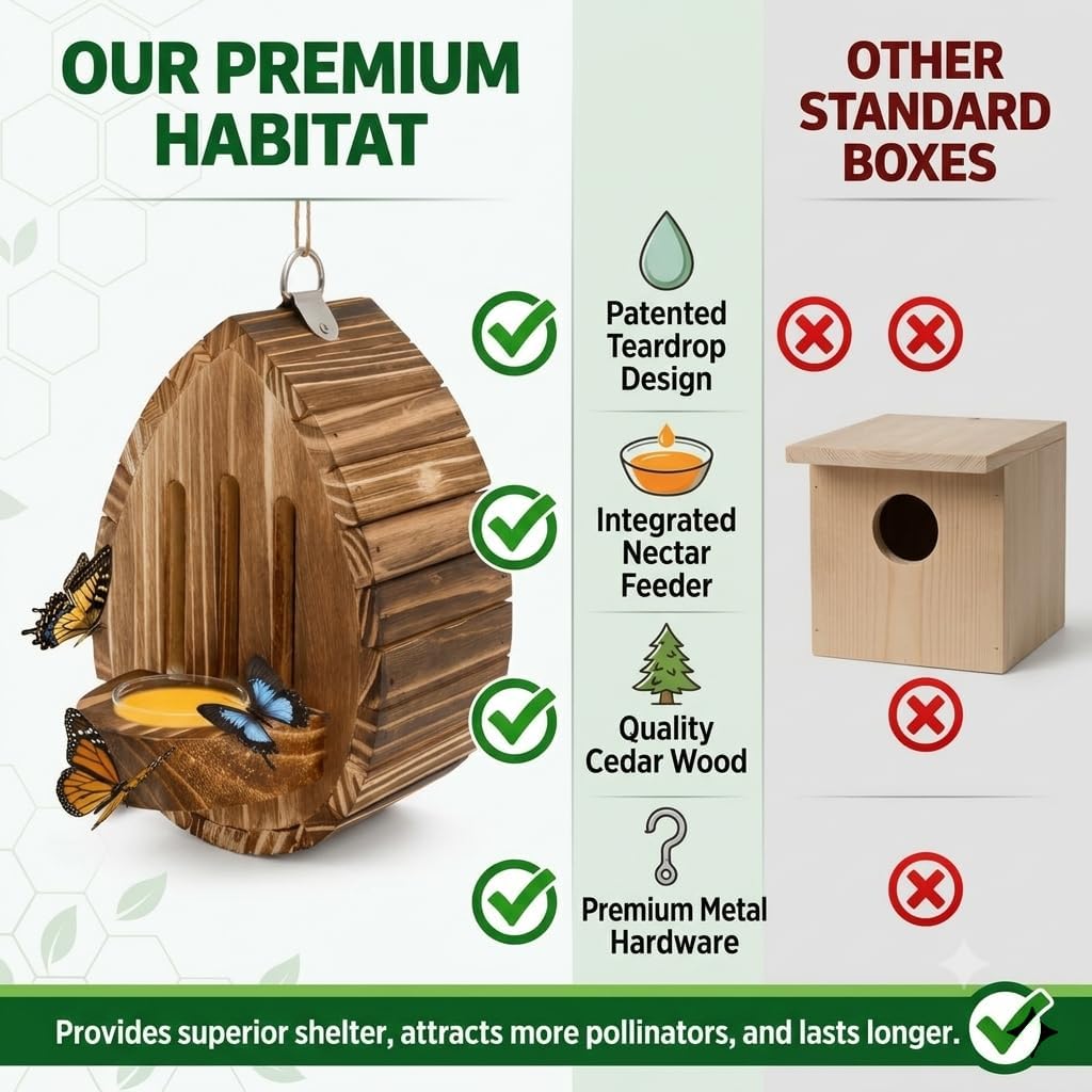 Butterfly House for Outside, Wooden Butterfly Habitat & Feeder for Garden, Teardrop-Shaped Hanging Nesting Box for