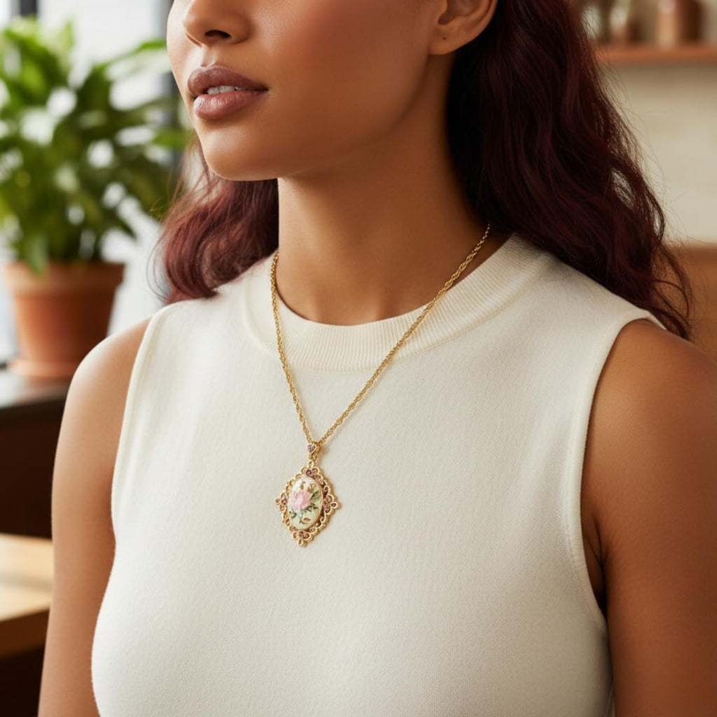 1928 Jewelry 14K Gold Dipped Ivory Color Floral Decal Pink Crystal Accent Pendant Necklace For Women 16" + 3" Extender