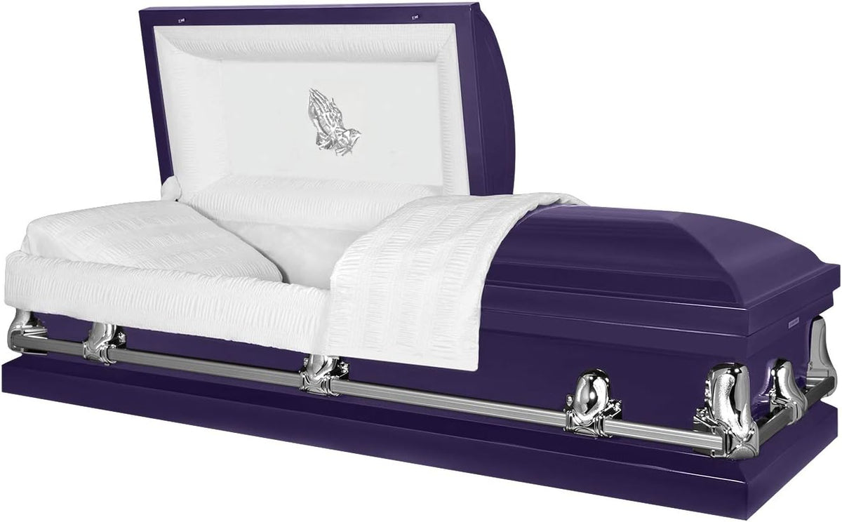 Orion Panel Collection Handcrafted Funeral Casket - Royal Purple with White Interior & 'Praying Hands' Head