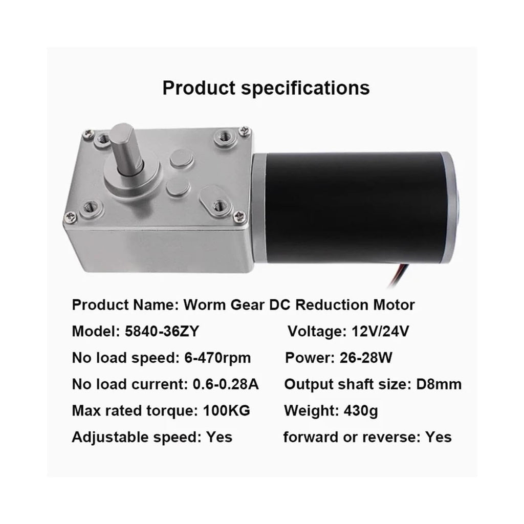 5840-36ZY DC 24V Worm Gear Metal Reducer Motor,Torque 100KG.CM, Speed 40