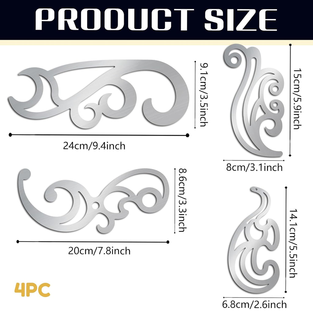 4 Pcs Stainless Steel French Curve Ruler Metal Drafting Stencils Stainless Steel Template Rulers for Leather Sewing