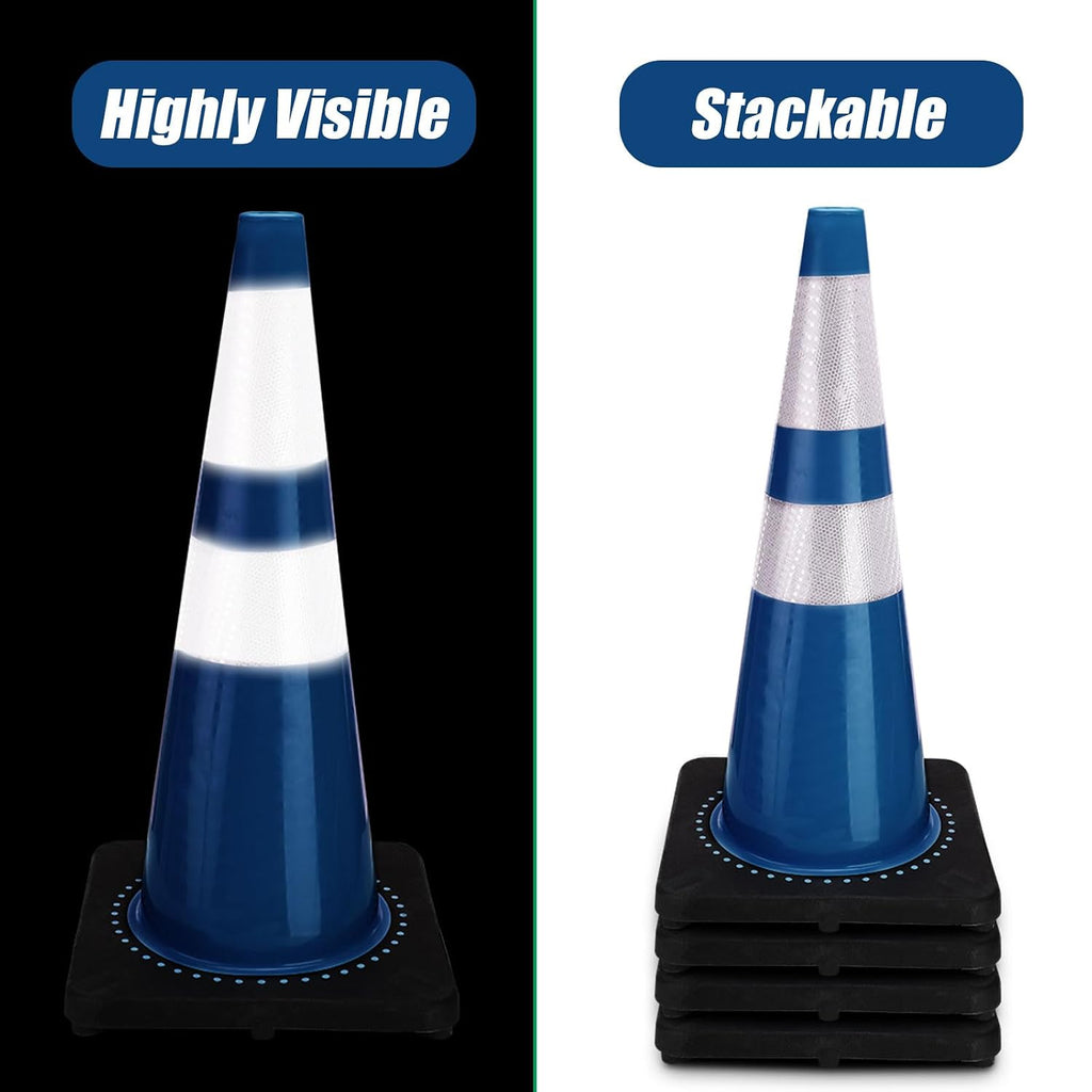 6 Pack Traffic Safety Cones 28 Inch Plastic PVC Blue Traffic Cones with Black Base and Reflective Collars for Street
