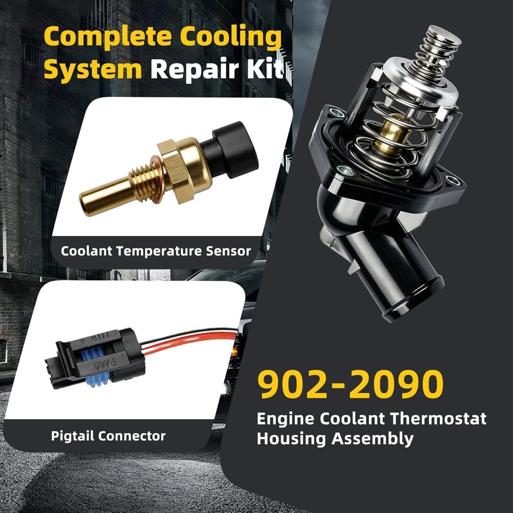Thermostat Housing Assembly & Coolant Temperature Sensor Kit for Chevy Silverado Sierra Tahoe Yukon 4.3L 5.3L 6.2L Replace 12674639 213-4514, Fix Overheating & Coolant Leak