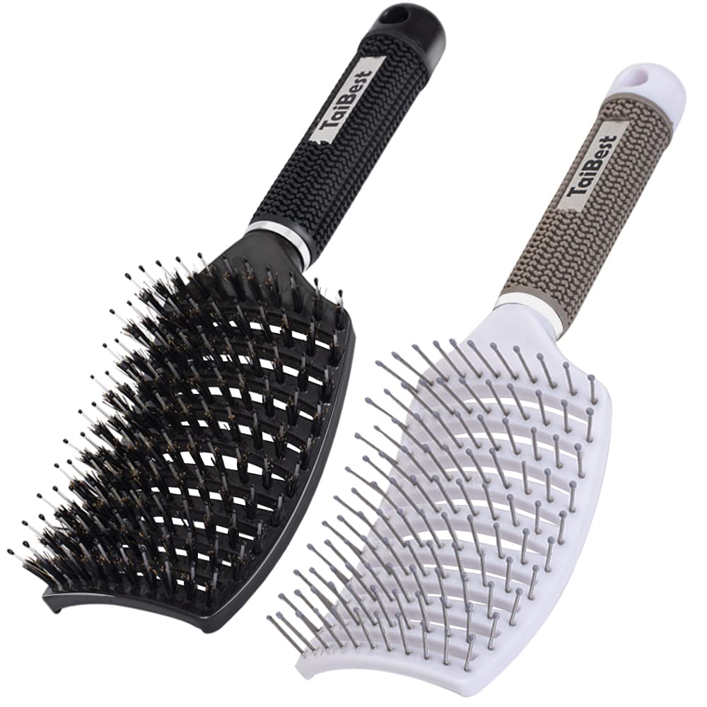 Boar Bristle Hair Brush Set - Dry/Wet Hair Brushes Detangler for Fine, Thick, Curly Hair - Curved and Vented Hair