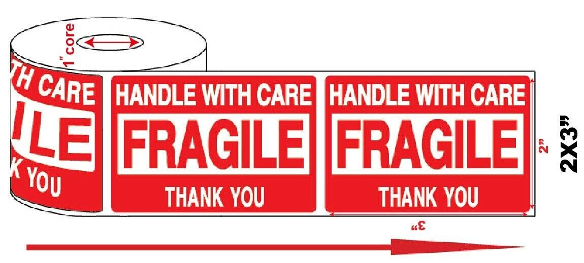 2 x 3 Fragile Handle with Care Stickers Labels (2 Rolls (1000 Labels))