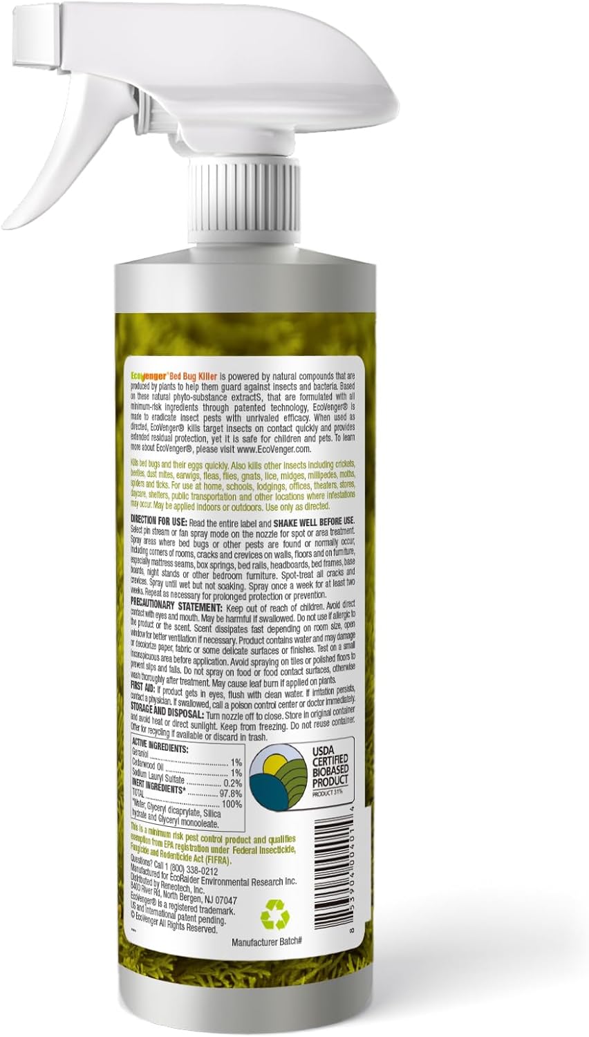 Bed Bug Killer 16 oz EcoVenger by EcoRaider, 100% Kill Efficacy, Bedbugs & Mites, Kills Eggs & The Resistant, Lasting