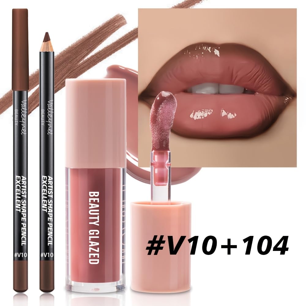 2Pcs/Set Lip Gloss & Lip Liner Set Mocha Brown – Lip Plumping Effect Lip Combo Set for Volume Lips, Fuller Looking