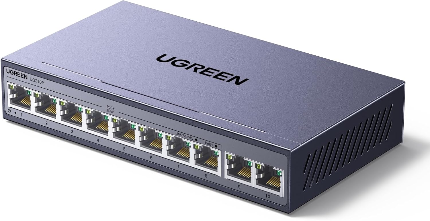 Ethernet Switch, 10-Port PoE Switch, 8 PoE+@60W + 2 Gigabit Uplink | Plug & Play, Standard/Port