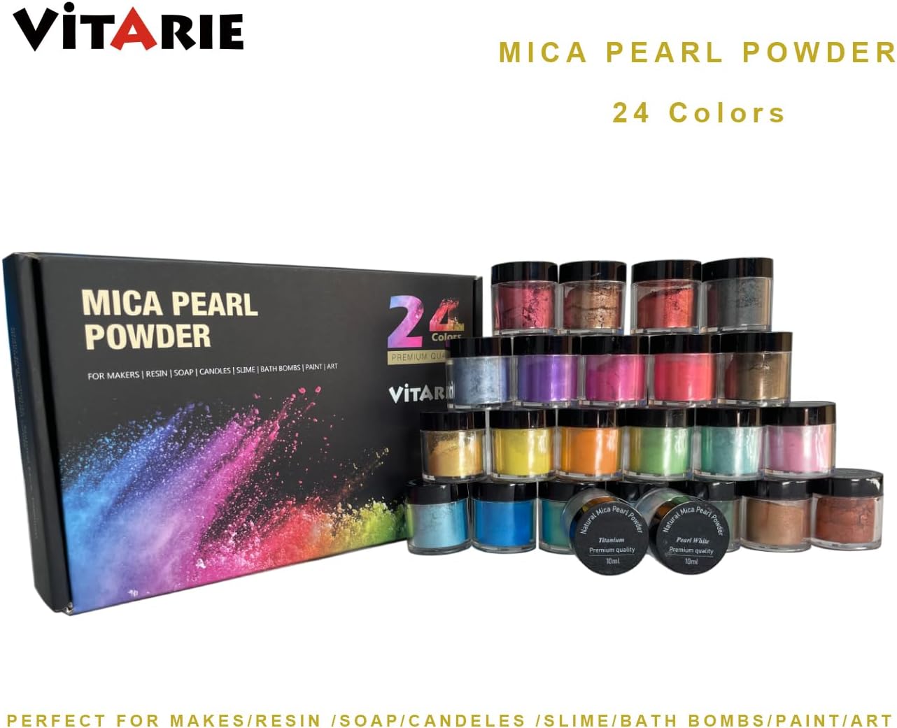 Mica Powder for Lip Gloss, Skin, Nails, Soap Making, Bath Bombs, Epoxy Resin, Art Crafts, 24 Colors(0.11oz) Each