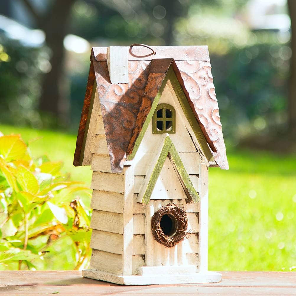 Bird Houses for Outside, 12" H Washed White Distressed Solid Wood Cottage Bird Nesting Box Hanging Bird House for