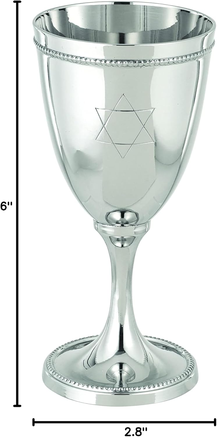 Classic Shabbat Kiddush Cup Wine Goblet with Traditional Engraved Star of David Nickel Plated 6" Tall for Shabbos