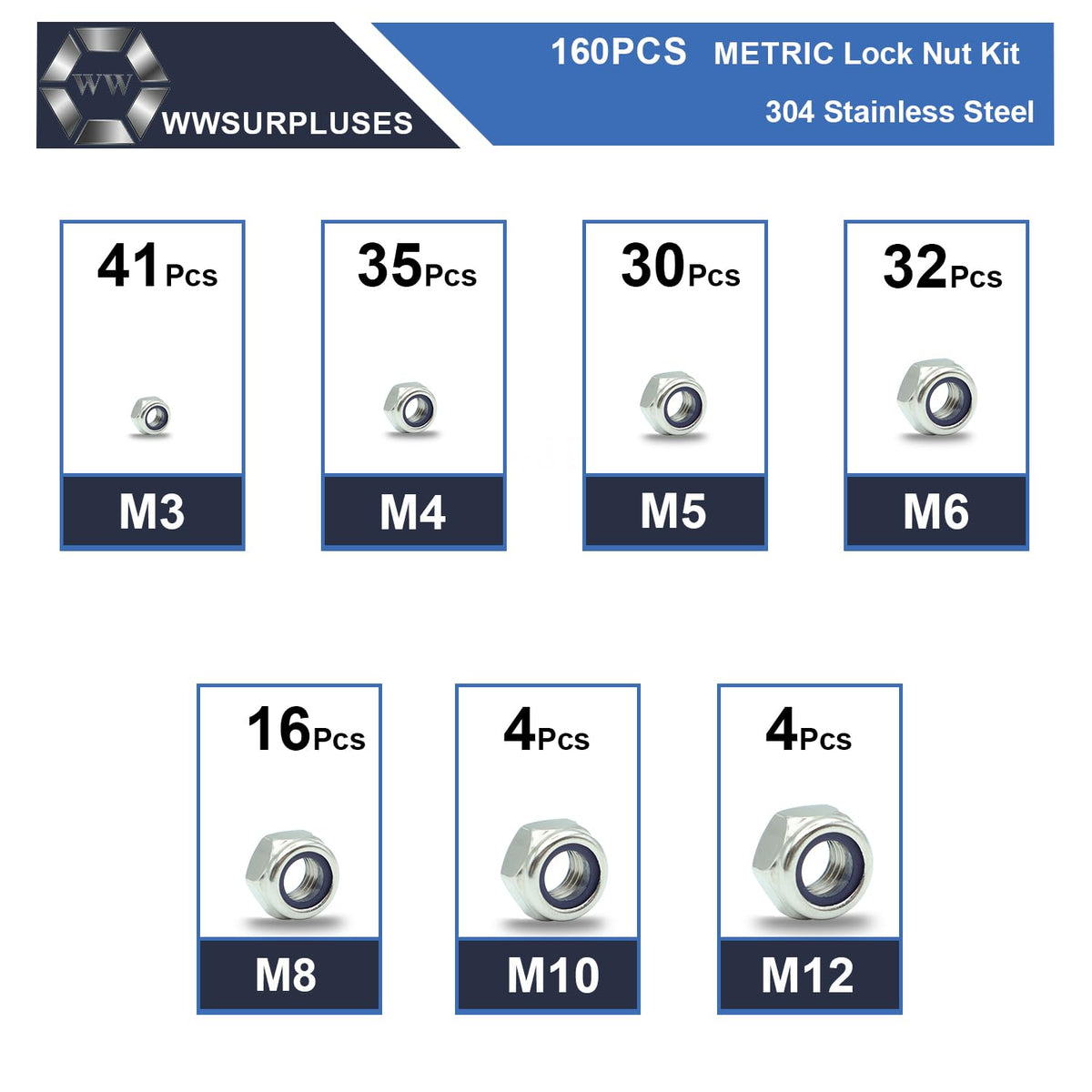 160 Pcs Metric Lock Nuts Kit, M3 M4 M5 M6 M8 M10 M12 Hardware Nuts
