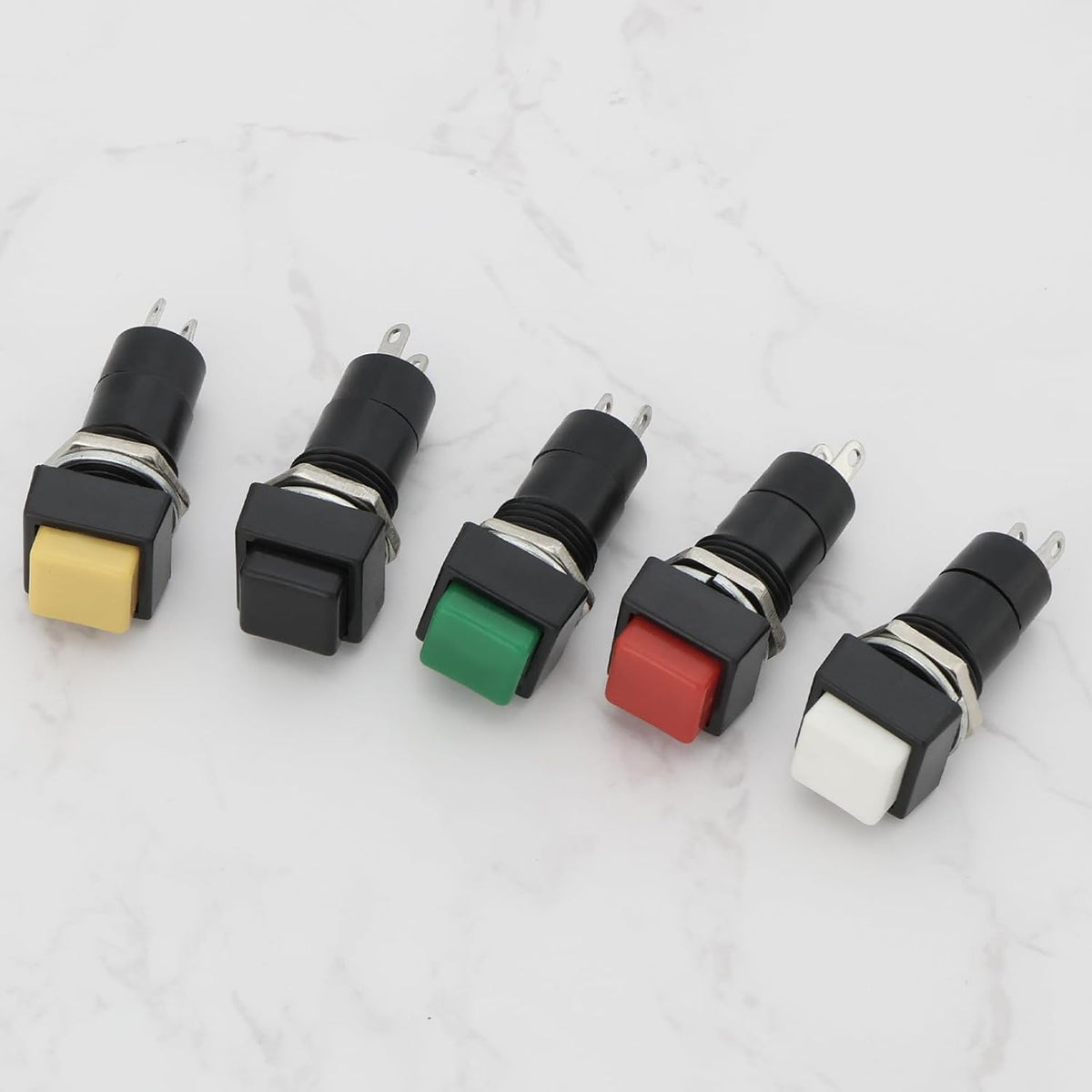 10pcs 12mm On Off Momentary Square Push Button Switch SPST Momentary Push Button Switch 250V/3A for Auto Electronics, Black White Yellow Green Red