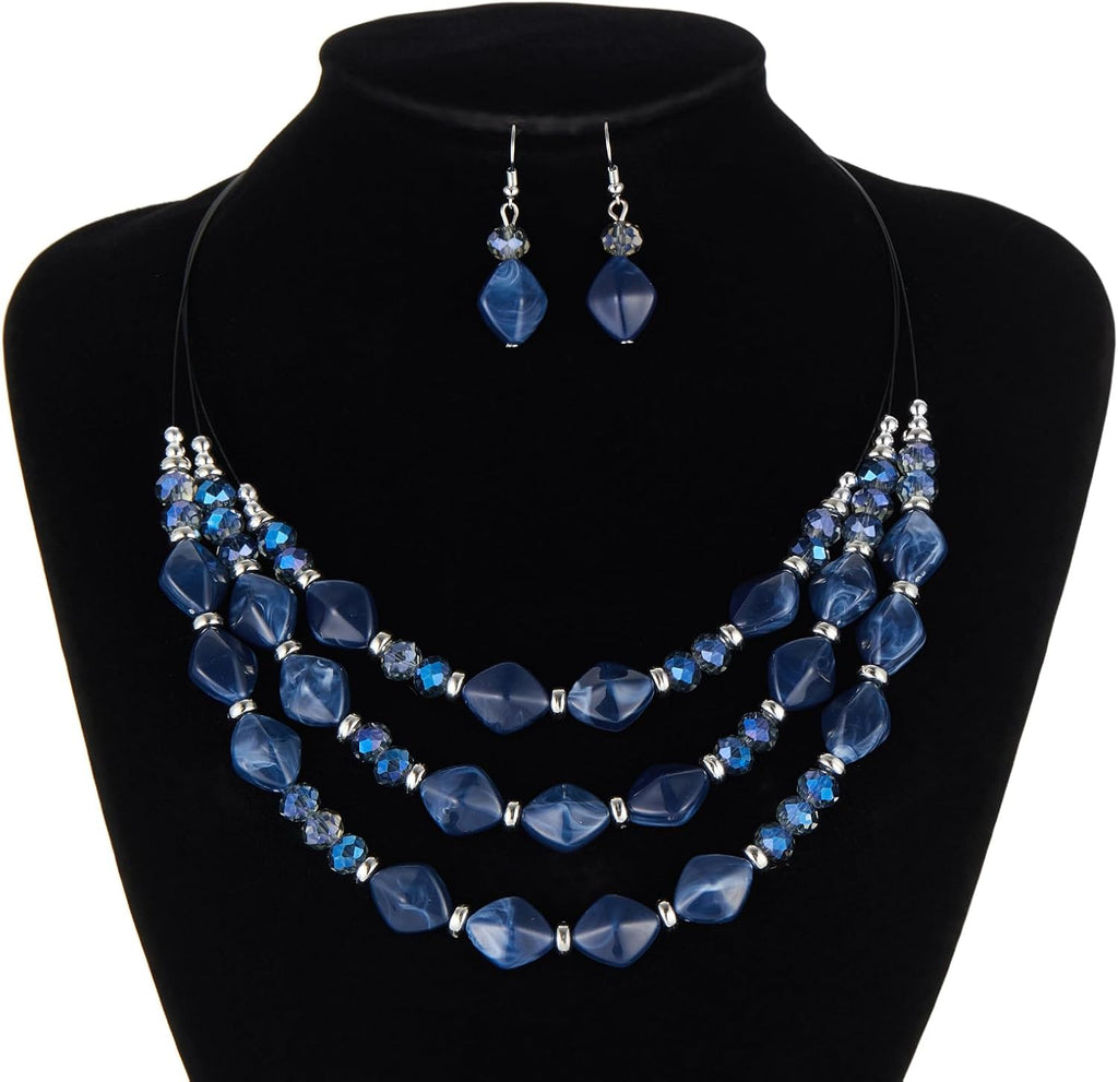 3 Layered Chunky Statement Necklace for Women Beaded Strand Necklaces with Earring Fashion Costumes Collar Necklace