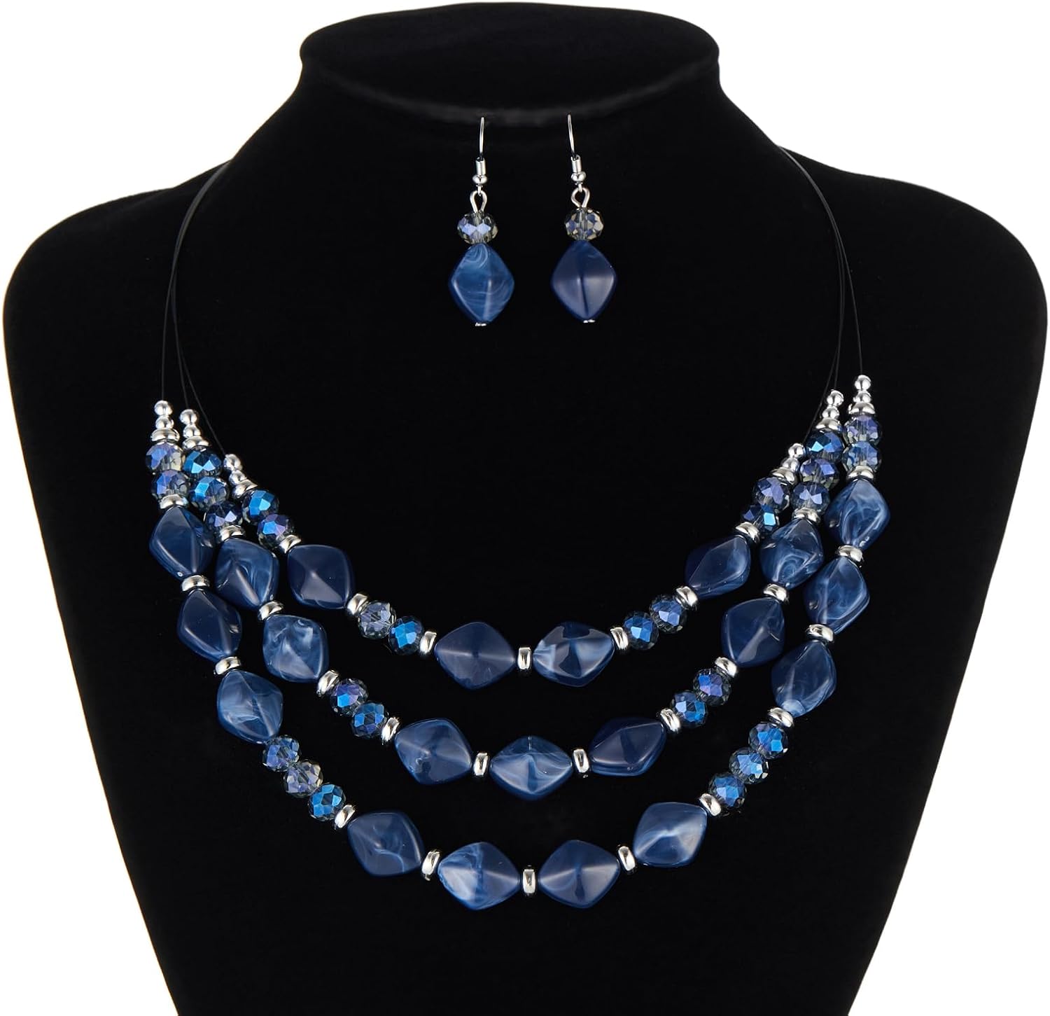 3 Layered Chunky Statement Necklace for Women Beaded Strand Necklaces with Earring Fashion Costumes Collar Necklace