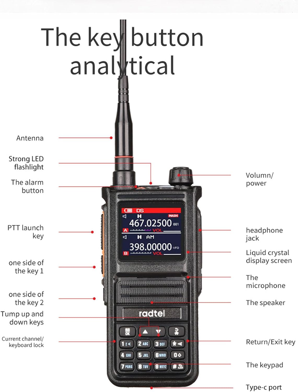 RT-470X Multi-Bands Ham Radio Walkie Talkies 256CH Air Band Two Way Radio + Tri-Band Flex Antenna 144/222/430Mhz