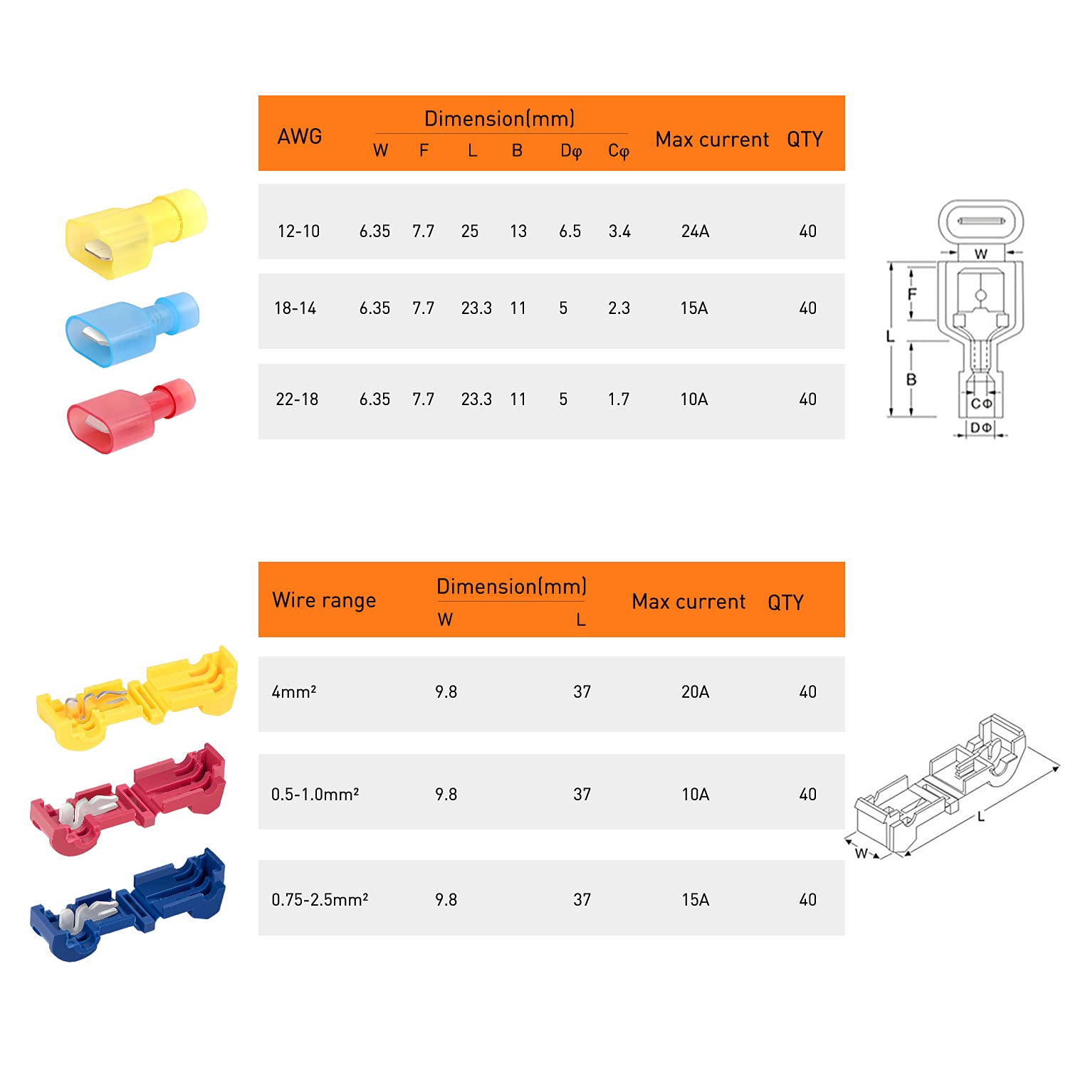 50004R 120 Pcs/60 Pairs Quick Splice Wire Terminals T-Tap Self-stripping with Nylon Fully Insulated Male Quick