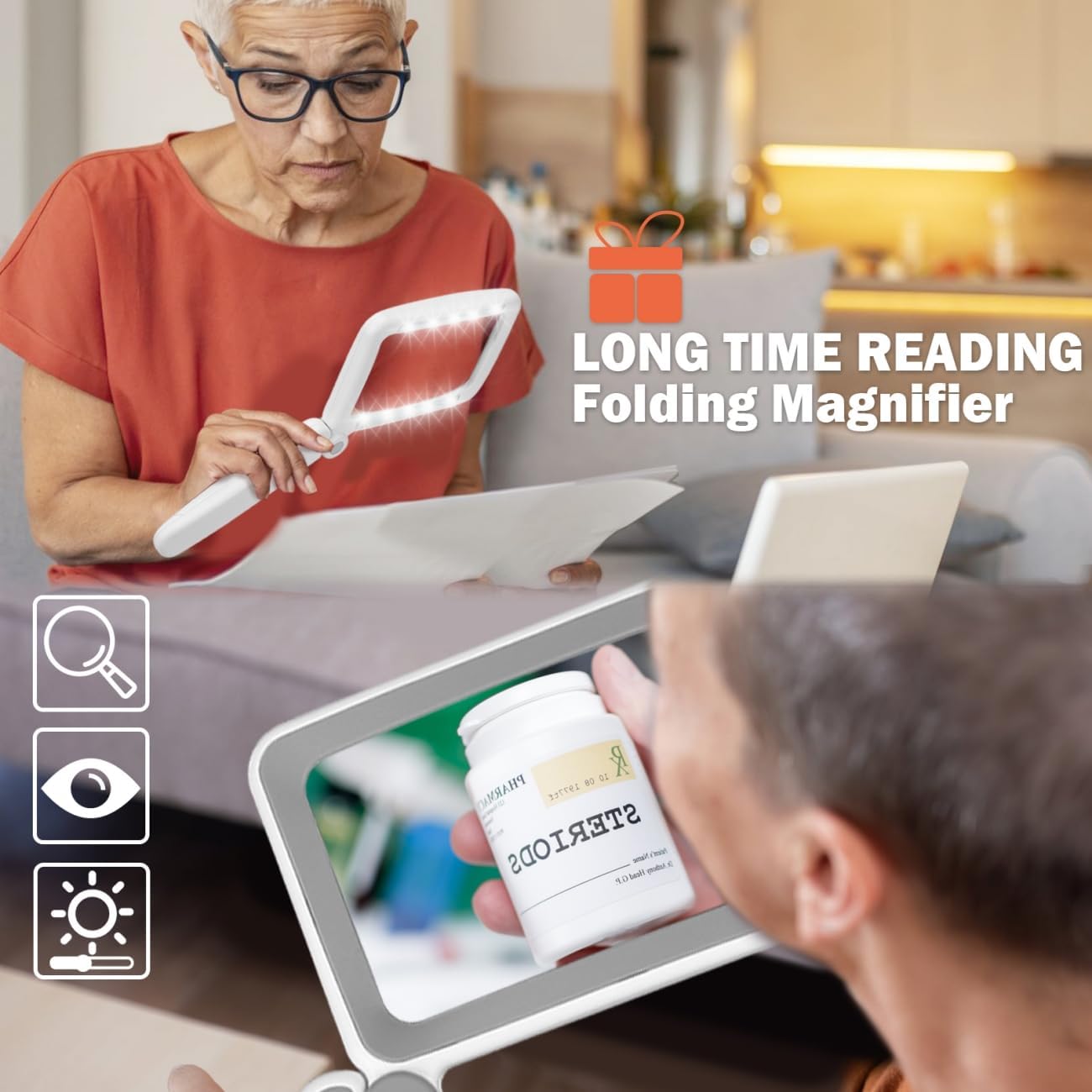Rechargeable Magnifying Glass with Light for Reading, 6X Large Page Magnifier with LED Lighted for Seniors Low