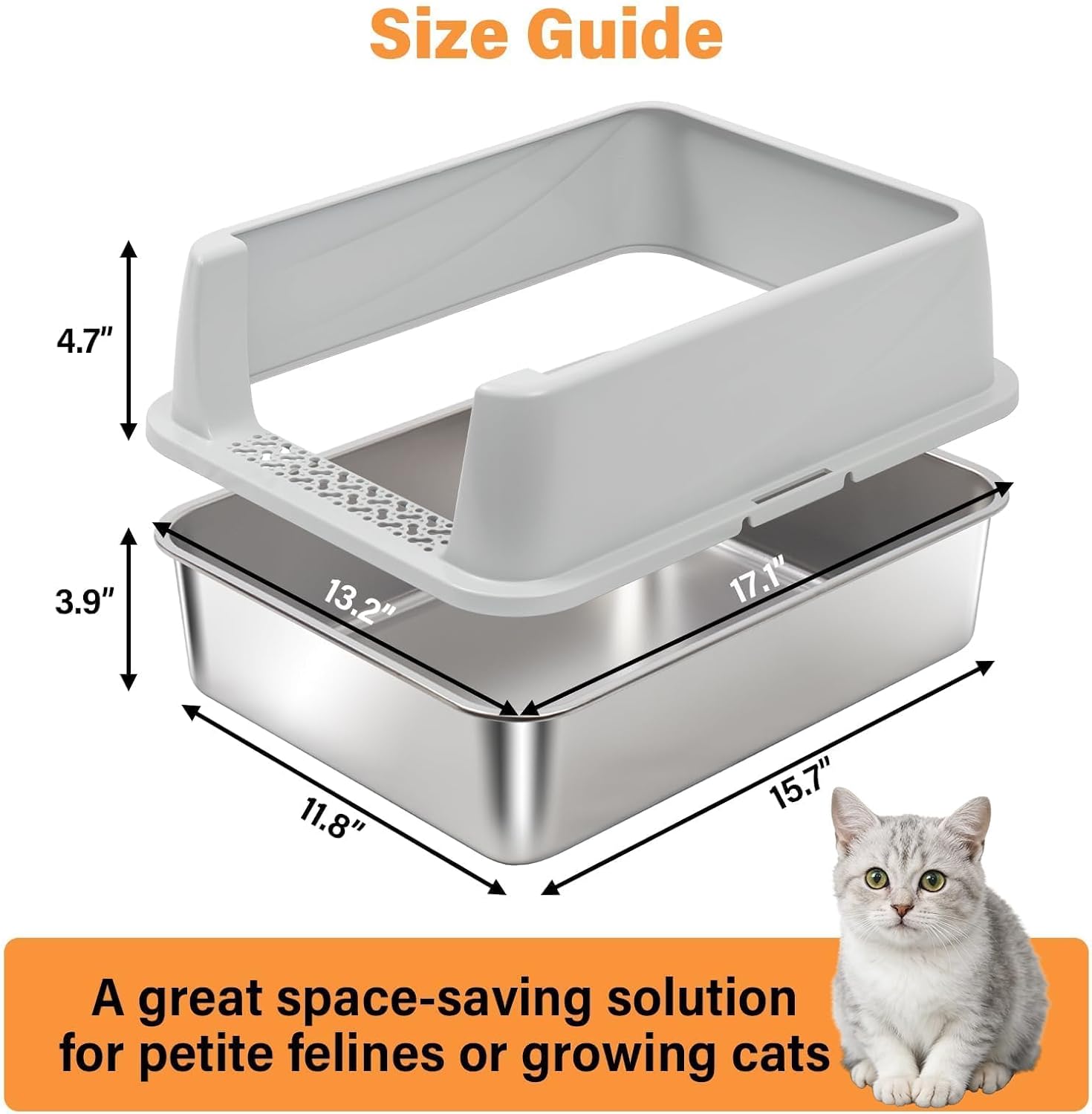 Stainless Steel Litter Box with High Sides, Small Metal Litter Box for Kittens & Medium Cats, Low Entry Kitten Litter