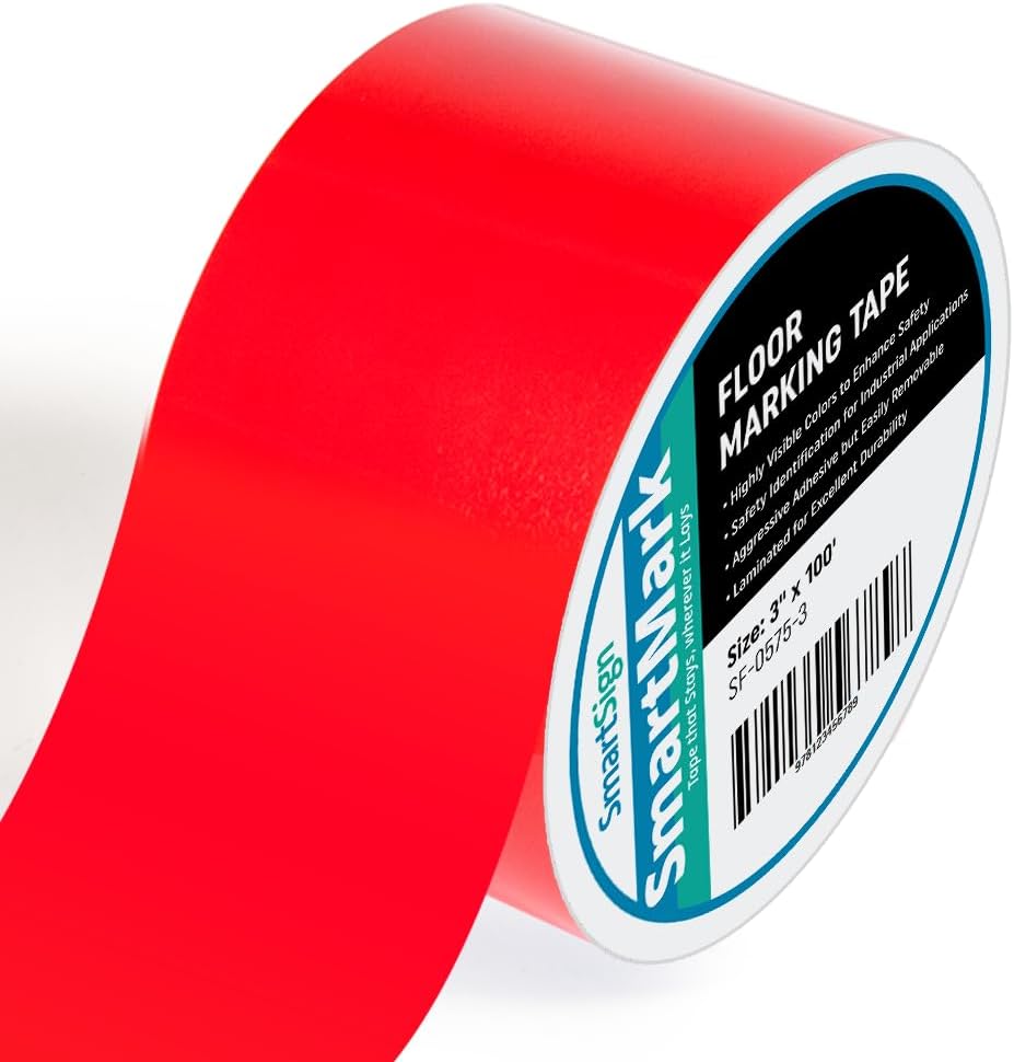 Red Floor Marking Tape, 3" Wide x 100' Long Roll, Durable Polyester, Laminated Protection - Non-Abrasive, Adhesive
