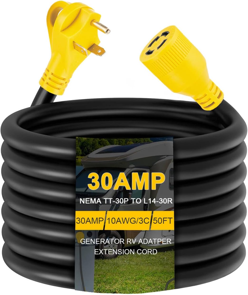50ft NEMA TT-30P to L14-30R Generator Transfer Switch Adapter Cord | 3 Prong 30 Amp RV Generator TT-30 Male Plug to 4