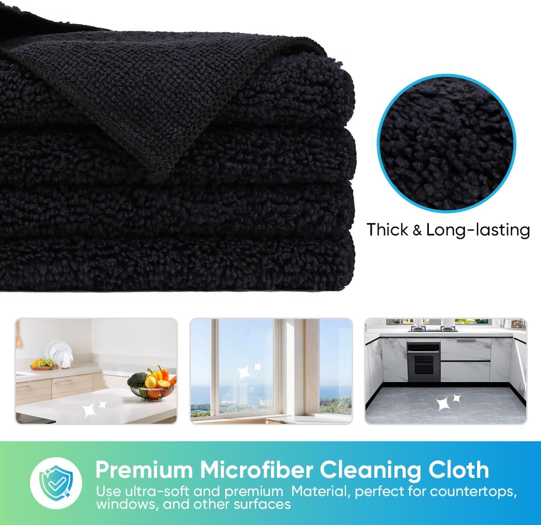 Black Microfiber Cleaning Cloth, 12 Pack Premium Microfiber Towels for Cars, Lint Free, Scratch-Free, Highly