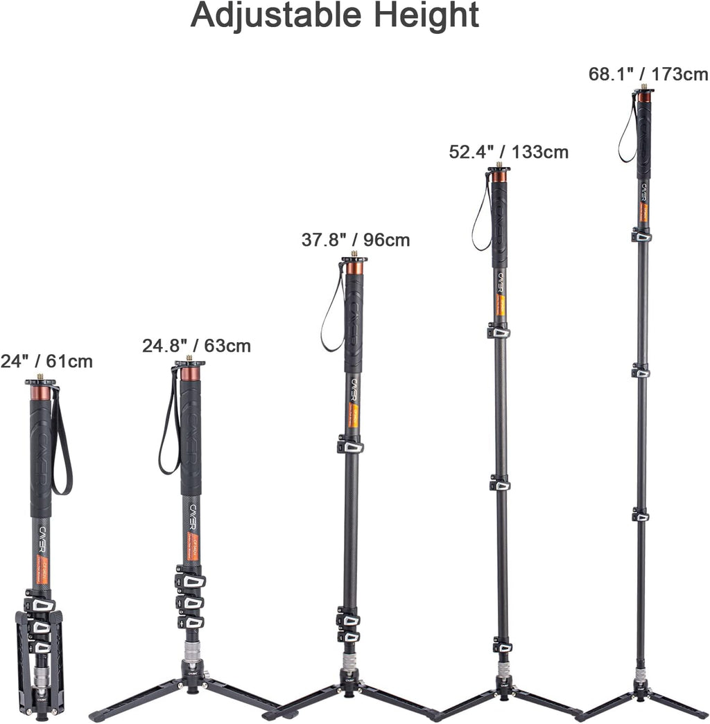 CF34DV Carbon Fiber Monopod, 68" with Folding Feet for Camera | Carbon Fiber Tube, Folding Feet, 4-Section, 68"