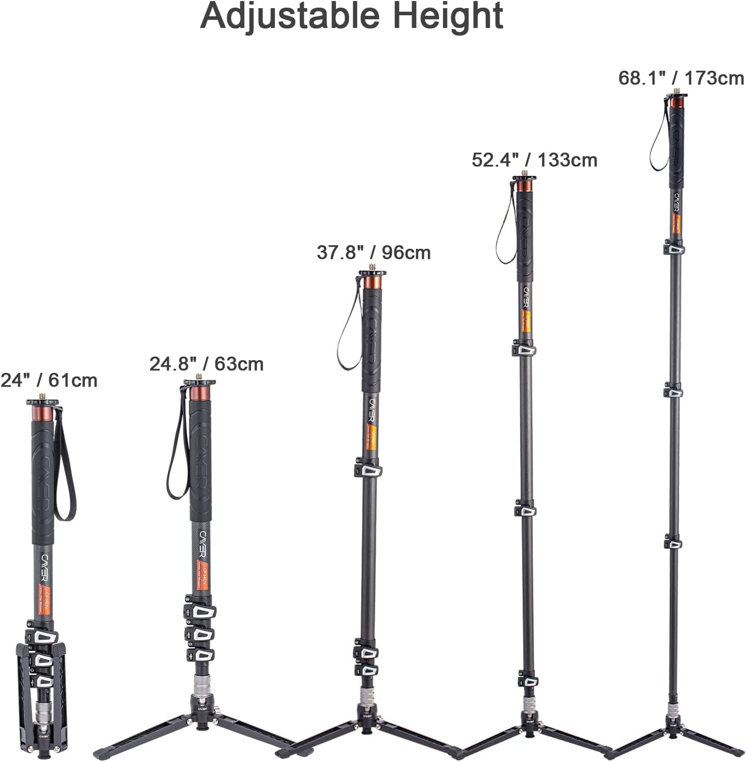 CF34DV Carbon Fiber Monopod, 68" with Folding Feet for Camera | Carbon Fiber Tube, Folding Feet, 4-Section, 68"