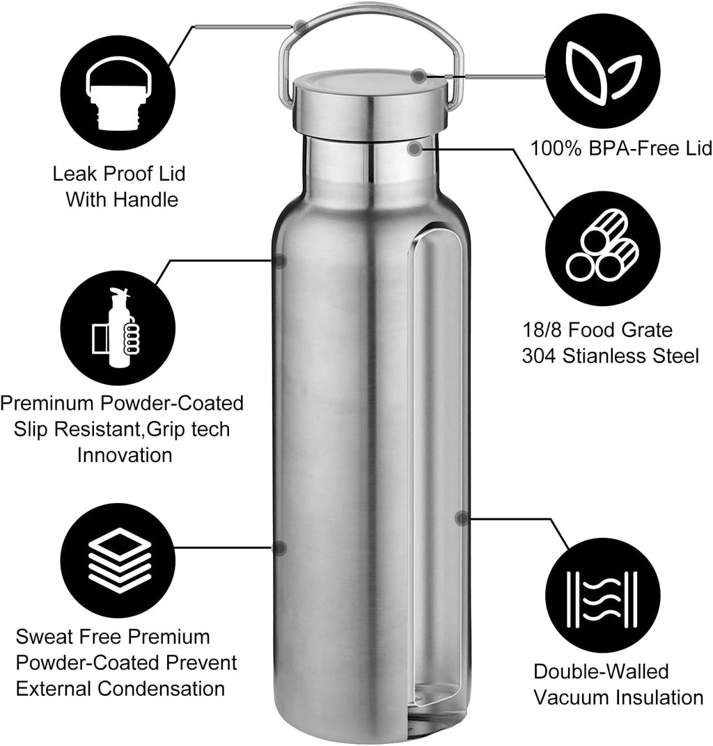 20 oz Insulated Water Bottles Bulk 2 Pack,Stainless Steel Double Wall Sport Bottle with Lid of Handle,Metal Reusable