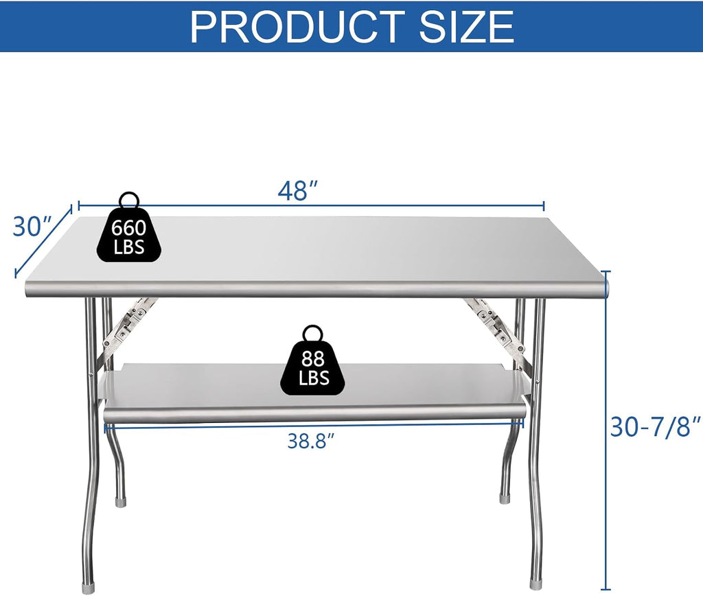 HARDURA Folding Stainless Steel Prep Table with Undershelf 30X48 Inches